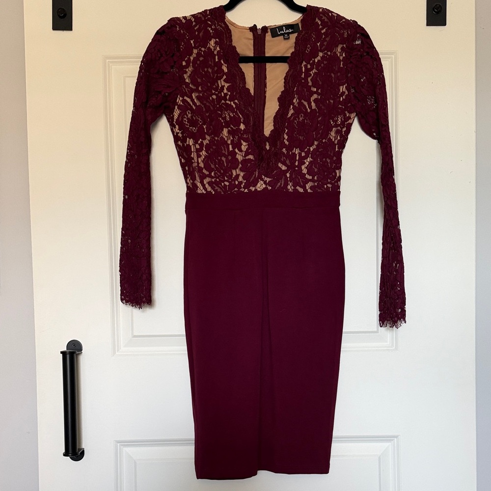 Lulu's Burgundy Lace Long Sleeve Dress